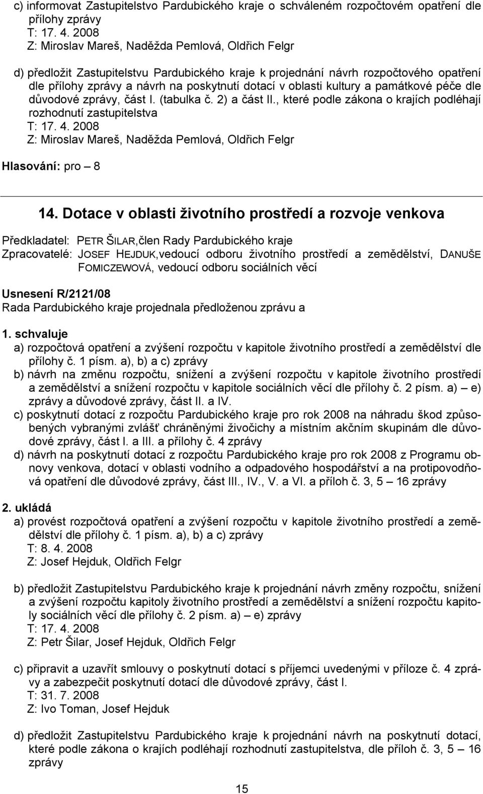 , které podle zákona o krajích podléhají rozhodnutí zastupitelstva Z: Miroslav Mareš, Naděžda Pemlová, Oldřich Felgr 14.