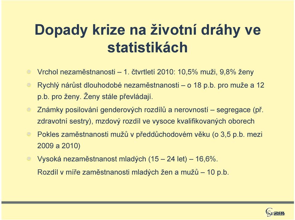 Ženy stále převládají. Známky posilování genderových rozdílů a nerovností segregace (př.