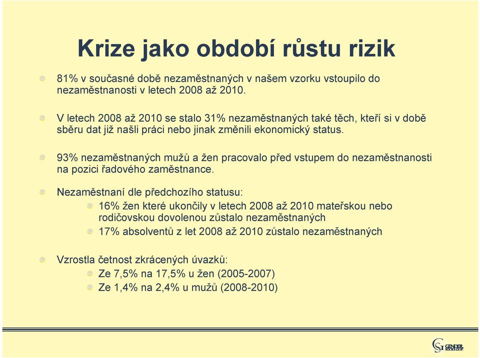 93% nezaměstnaných mužů a žen pracovalo před vstupem do nezaměstnanosti na pozici řadového zaměstnance.