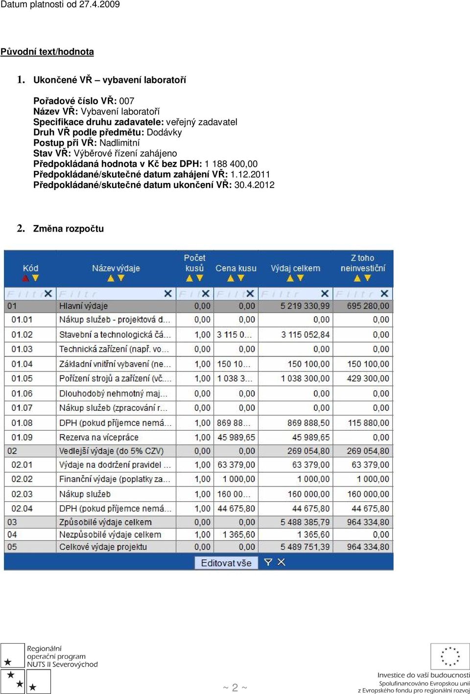 VŘ: Výběrové řízení zahájeno Předpokládaná hodnota v Kč bez DPH: 1 188 400,00