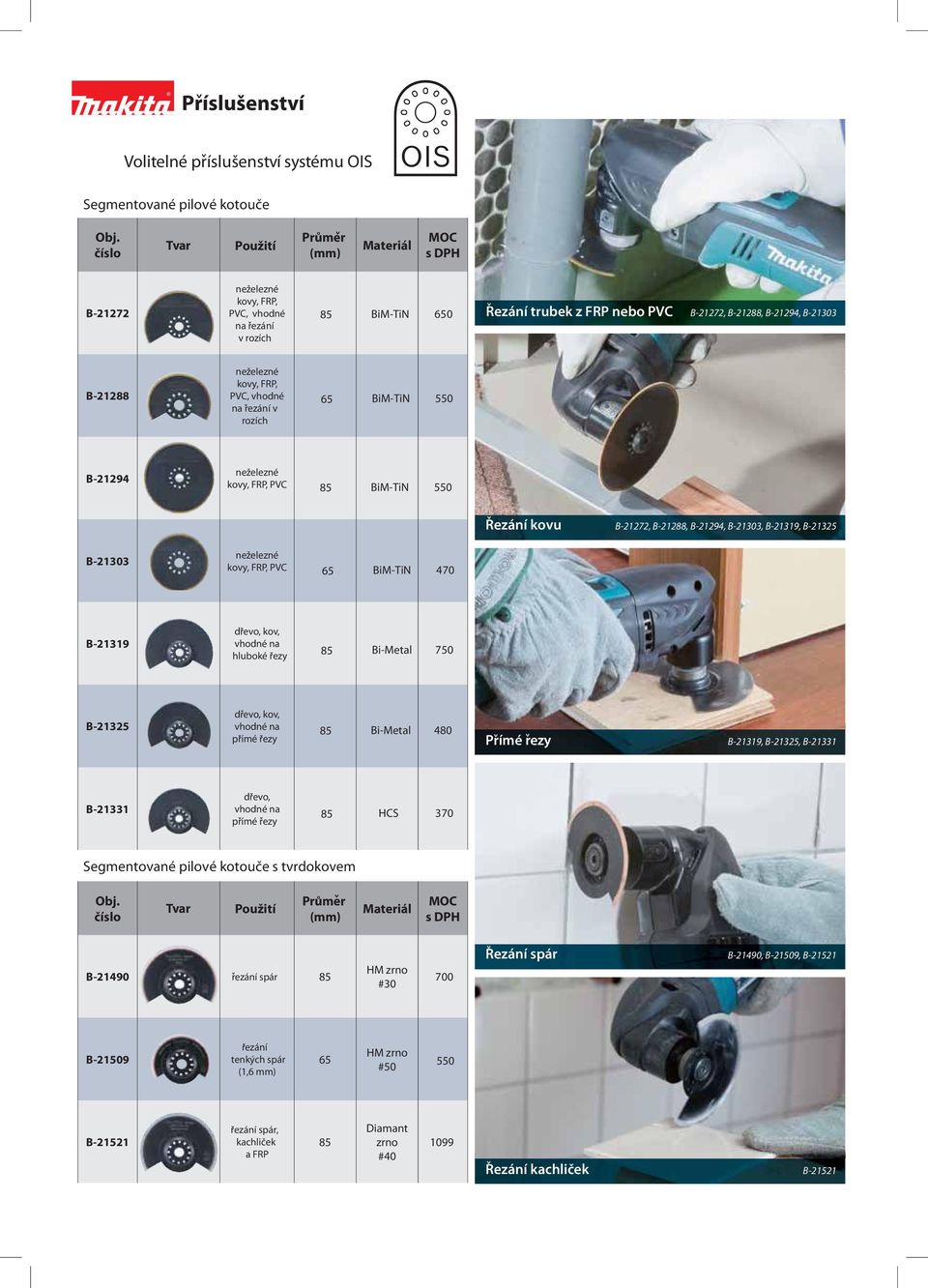B-21325 B-21303 neželezné ky, FRP, PVC 65 BiM-TiN 470 B-21319 dre, k, hdné na hlubké rezy 85 Bi-Metal 750 B-21325 dre, k, hdné na prímé rezy 85 Bi-Metal 480 Prímé rezy B-21319, B-21325, B-21331