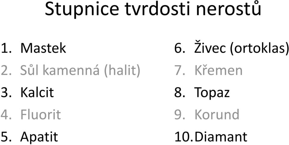 Fluorit 5. Apatit 6.