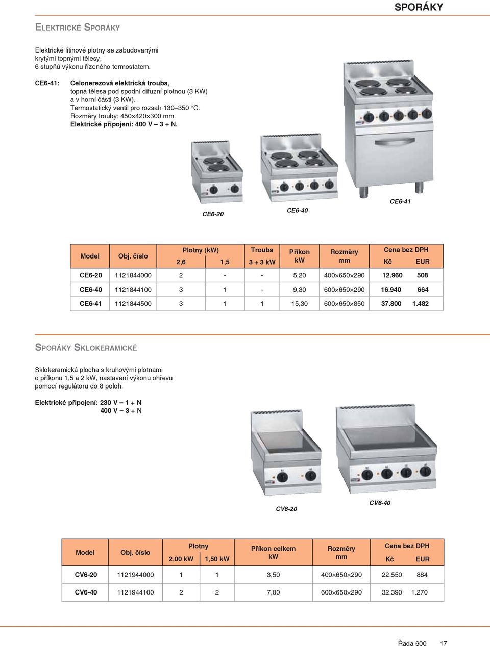 Elektrické připojení: 400 V 3 + N. CE6-20 CE6-40 CE6-41 Plotny (kw) Trouba Příkon Rozměry 2,6 1,5 3 + 3 kw kw CE6-20 1121844000 2 - - 5,20 400 650 290 12.