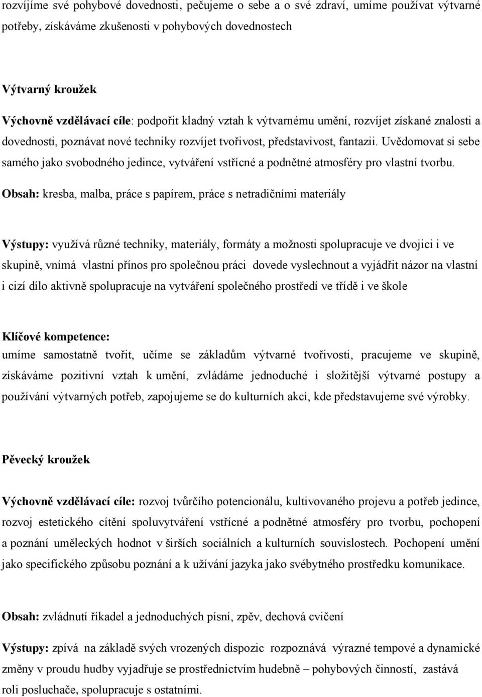 Uvědomovat si sebe samého jako svobodného jedince, vytváření vstřícné a podnětné atmosféry pro vlastní tvorbu.