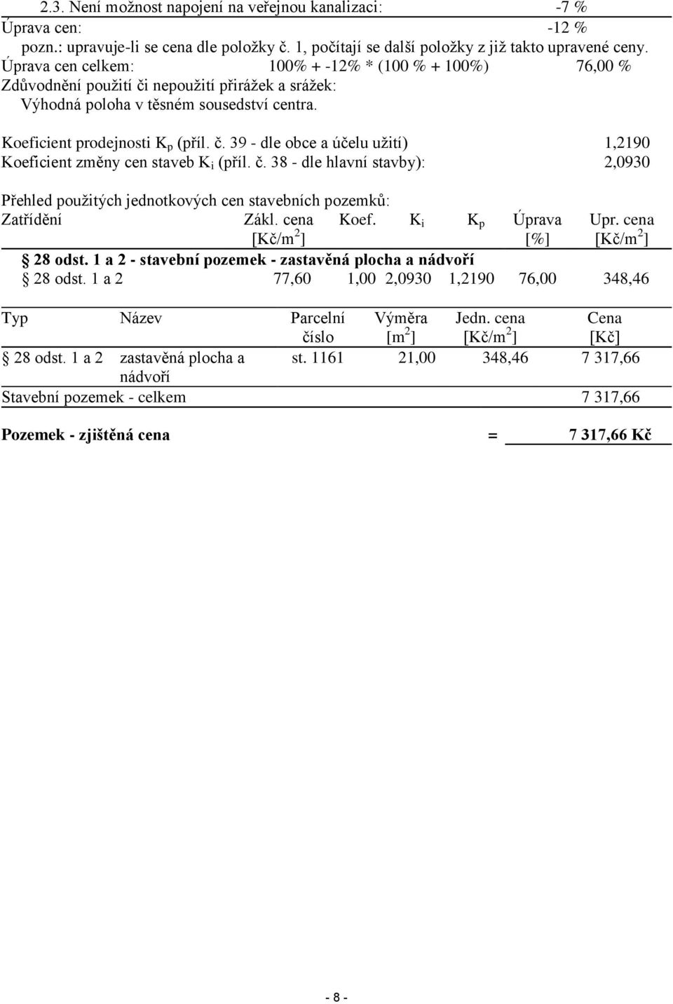 č. 38 - dle hlavní stavby): 2,0930 Přehled použitých jednotkových cen stavebních pozemků: Zatřídění Zákl. cena Koef. K i K p Úprava [%] Upr. cena 28 odst.
