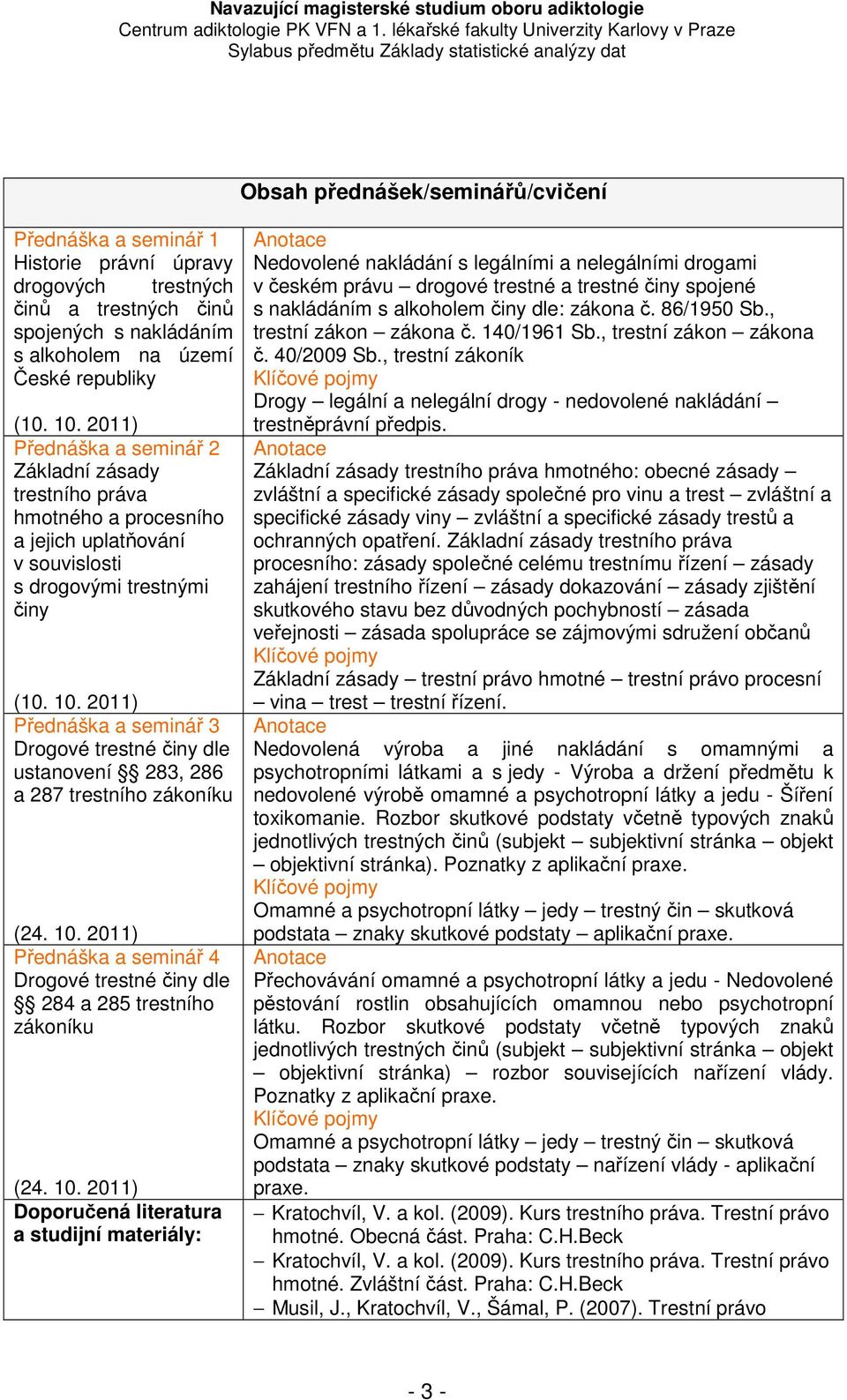 2011) Přednáška a seminář 3 Drogové trestné činy dle ustanovení 283, 286 a 287 trestního zákoníku (24. 10.