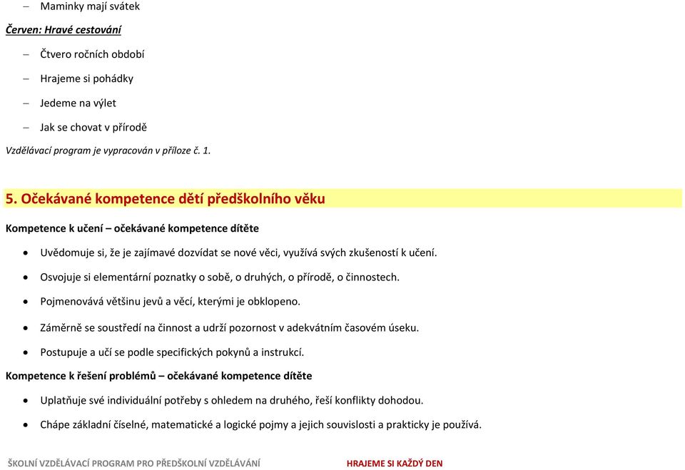 Osvojuje si elementární poznatky o sobě, o druhých, o přírodě, o činnostech. Pojmenovává většinu jevů a věcí, kterými je obklopeno.