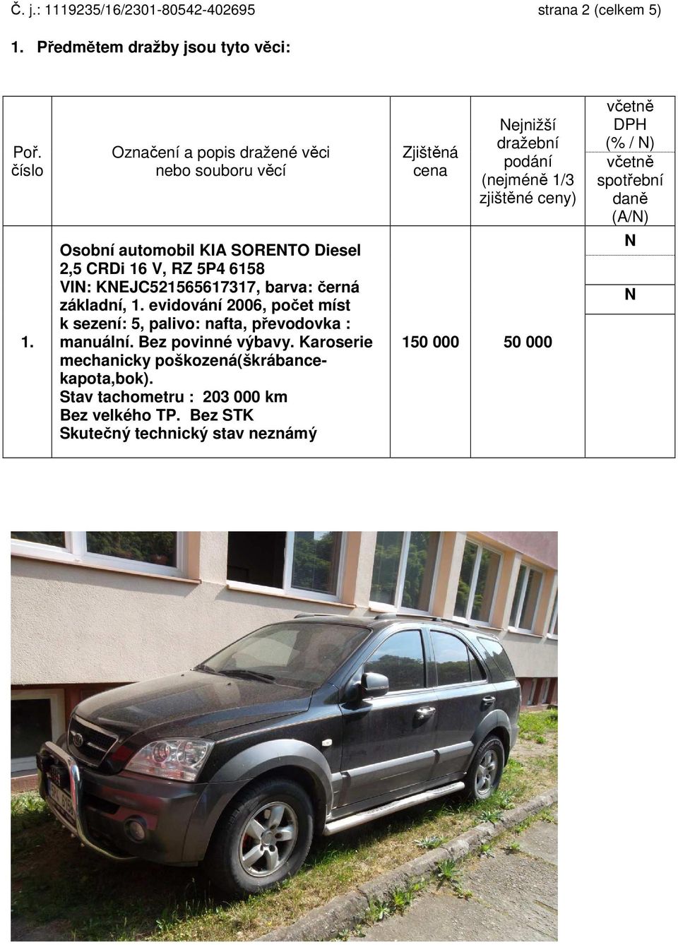 daně (A/N) 1. Osobní automobil KIA SORENTO Diesel 2,5 CRDi 16 V, RZ 5P4 6158 VIN: KNEJC521565617317, barva: černá základní, 1.