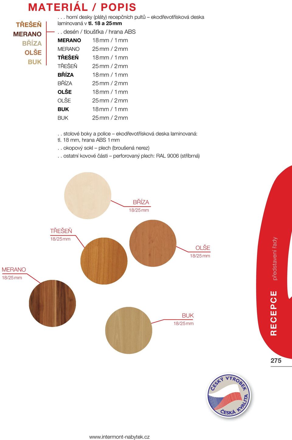 / 1 mm OLŠE 25 mm / 2 mm BUK 18 mm / 1 mm BUK 25 mm / 2 mm.. stolové boky a police ekodřevotřísková deska laminovaná: tl. 18 mm, hrana ABS 1 mm.