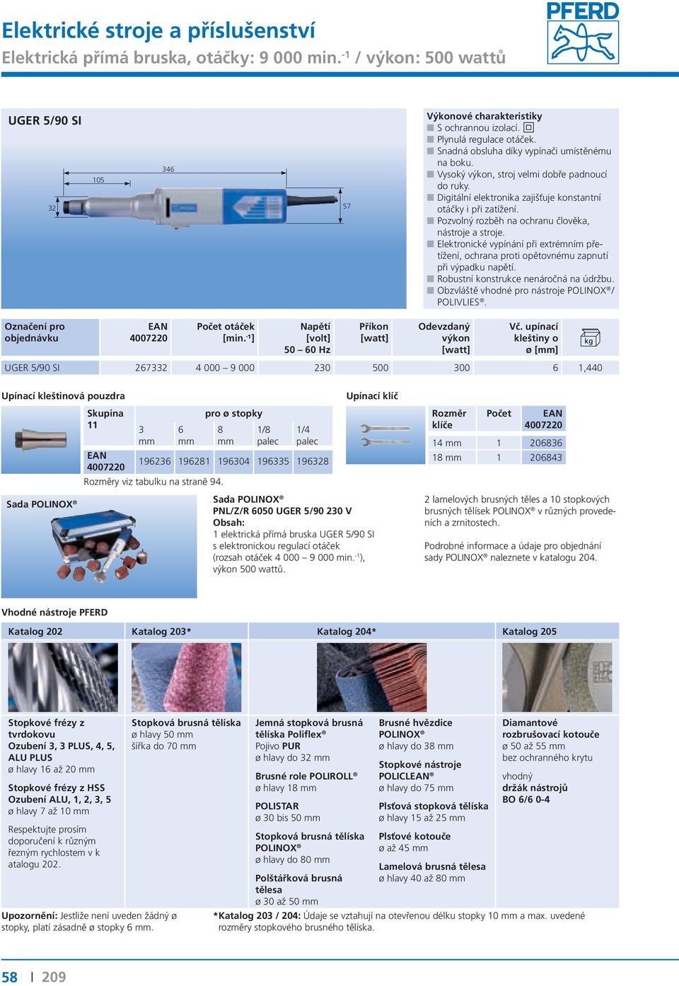 Obzvláště vhodné pro nástroje / POLIVLIES. otáček 50 0 Hz ø [] UGER 5/90 SI 27332 4 000 9 000 230 500 300 1,440 11 3 1/ 1923 1921 19304 19335 1932 y viz tabulku na straně 94.