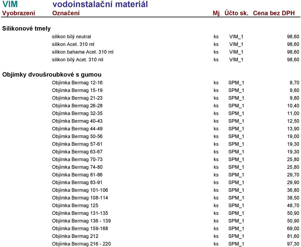 Objímka Bermag 32-35 ks SPM_1 11,00 Objímka Bermag 40-43 ks SPM_1 12,50 Objímka Bermag 44-49 ks SPM_1 13,90 Objímka Bermag 50-56 ks SPM_1 19,00 Objímka Bermag 57-61 ks SPM_1 19,30 Objímka Bermag