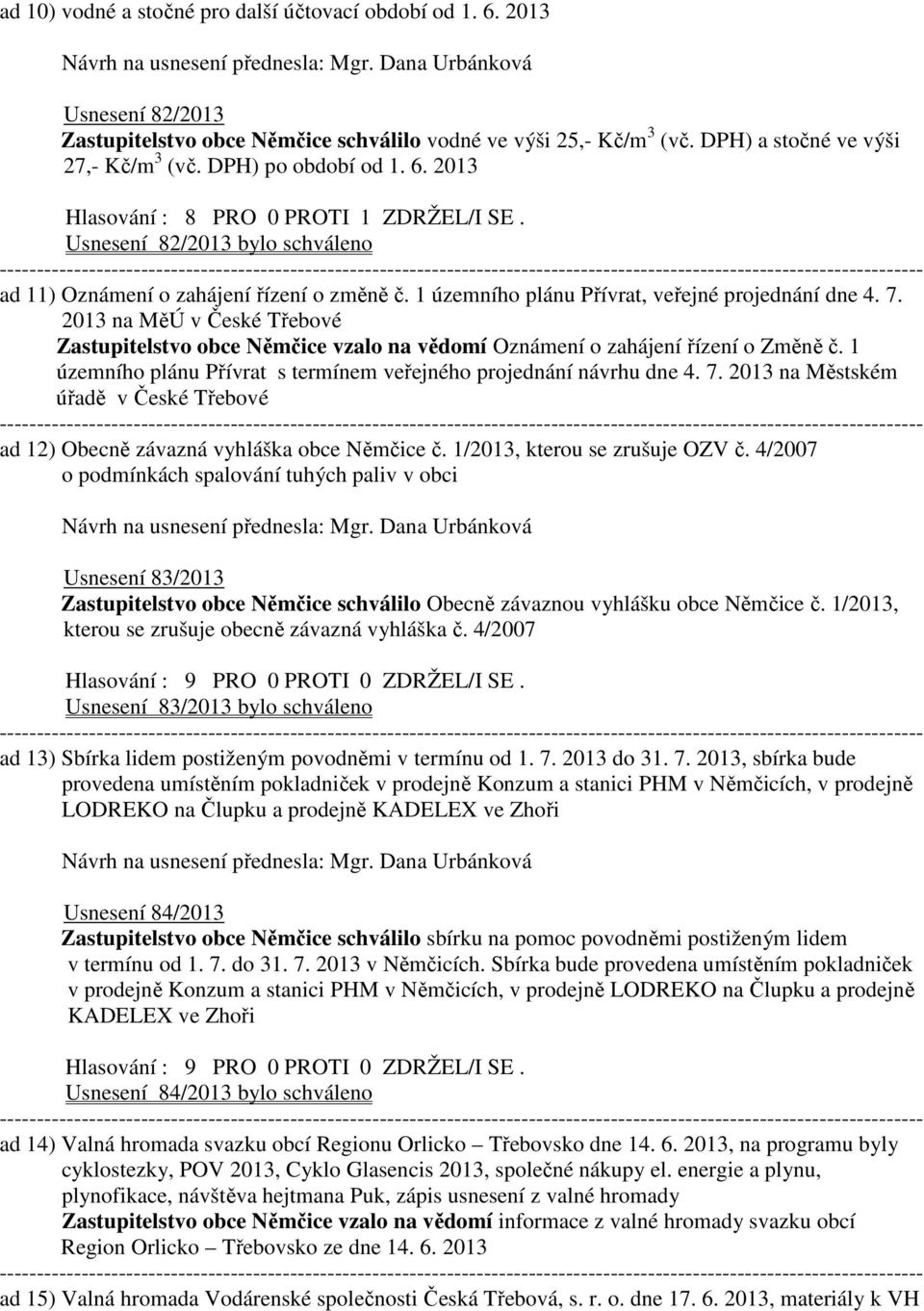 7. 2013 na MěÚ v České Třebové Zastupitelstvo obce Němčice vzalo na vědomí Oznámení o zahájení řízení o Změně č. 1 územního plánu Přívrat s termínem veřejného projednání návrhu dne 4. 7.