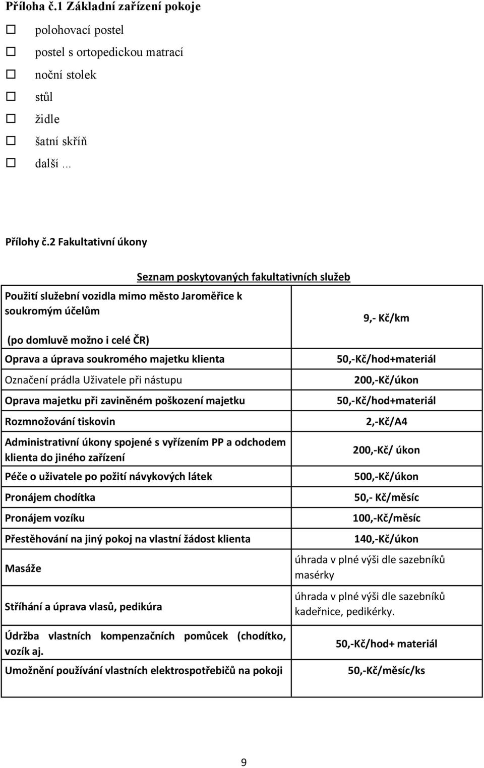 Seznam poskytovaných fakultativních služeb Oprava majetku při zaviněném poškození majetku Rozmnožování tiskovin Administrativní úkony spojené s vyřízením PP a odchodem klienta do jiného zařízení Péče