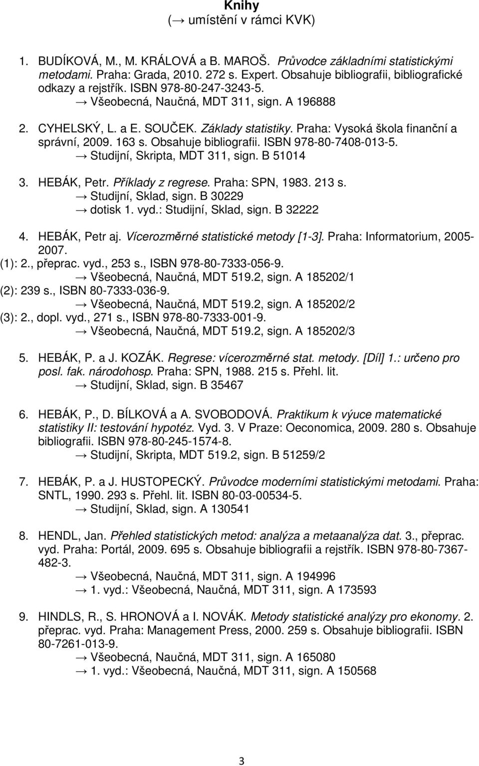 Praha: Vysoká škola finanční a správní, 2009. 163 s. Obsahuje bibliografii. ISBN 978-80-7408-013-5. Studijní, Skripta, MDT 311, sign. B 51014 3. HEBÁK, Petr. Příklady z regrese. Praha: SPN, 1983.