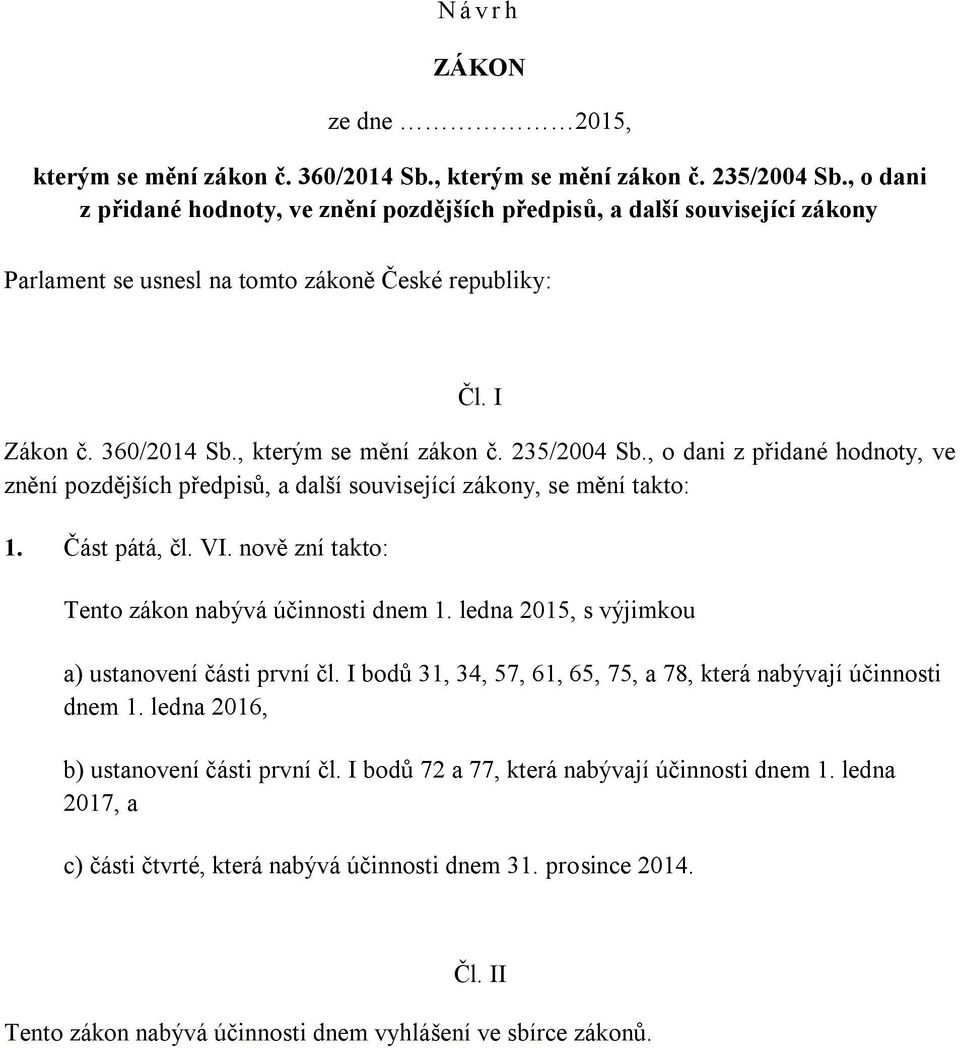 235/2004 Sb., o dani z přidané hodnoty, ve znění pozdějších předpisů, a další související zákony, se mění takto: 1. Část pátá, čl. VI. nově zní takto: Tento zákon nabývá účinnosti dnem 1.