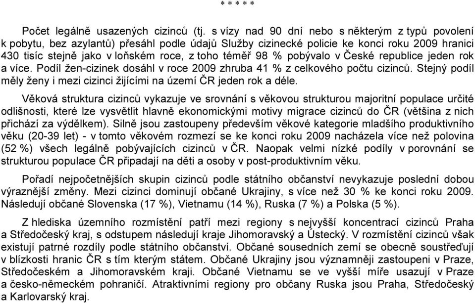 % pobývalo v České republice jeden rok a více. Podíl žen-cizinek dosáhl v roce 2009 zhruba 41 % z celkového počtu cizinců. Stejný podíl měly ženy i mezi cizinci žijícími na území ČR jeden rok a déle.