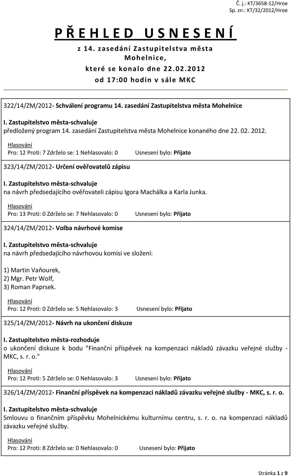 Pro: 12 Proti: 7 Zdrželo se: 1 Nehlasovalo: 0 323/14/ZM/2012- Určení ověřovatelů zápisu na návrh předsedajícího ověřovateli zápisu Igora Machálka a Karla Junka.