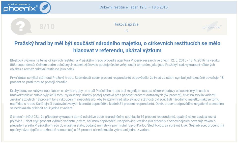 Celkem sedm položených otázek zjišťovalo postoje české veřejnosti k tématům jako jsou Pražský hrad vykoupení některých objektů a rovněž církevní restituce jako celek.