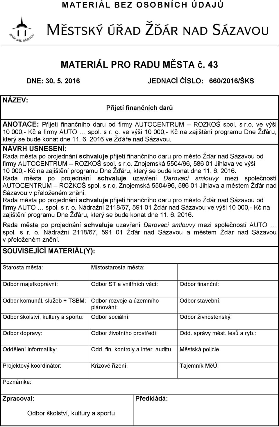 6. 2016 ve Žďáře nad Sázavou. NÁVRH USNESENÍ: Rada města po projednání schvaluje přijetí finančního daru pro město Žďár nad Sázavou od firmy AUTOCENTRUM ROZKOŠ spol. s r.o. Znojemská 5504/96, 586 01 Jihlava ve výši 10 000,- Kč na zajištění programu Dne Žďáru, který se bude konat dne 11.