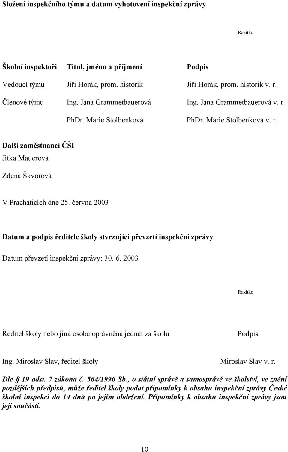 června 2003 Datum a podpis ředitele školy stvrzující převzetí inspekční zprávy Datum převzetí inspekční zprávy: 30. 6. 2003 Razítko Ředitel školy nebo jiná osoba oprávněná jednat za školu Podpis Ing.