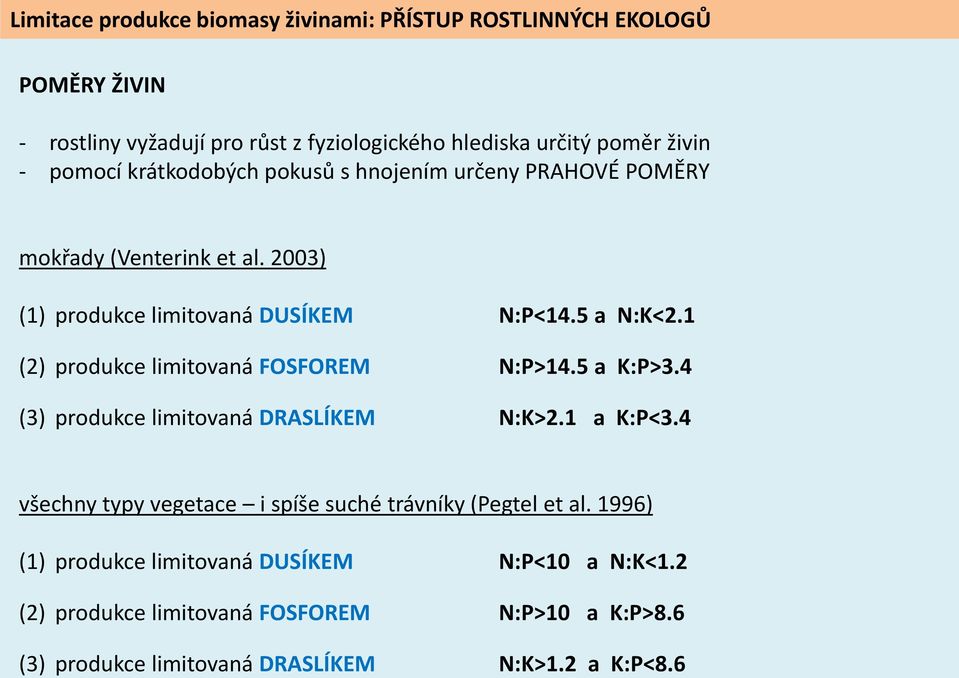 1 (2) produkce limitovaná FOSFOREM N:P>14.5 a K:P>3.4 (3) produkce limitovaná DRASLÍKEM N:K>2.1 a K:P<3.