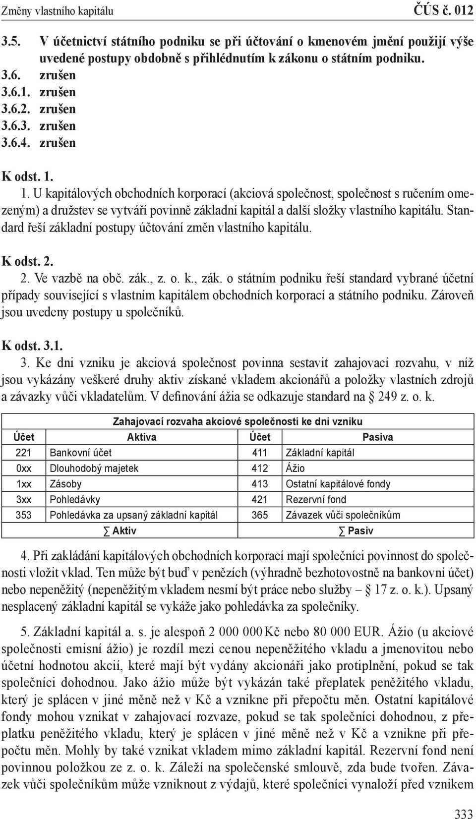 Standard řeší základní postupy účtování změn vlastního kapitálu. K odst. 2. 2. Ve vazbě na obč. zák., z. o. k., zák.