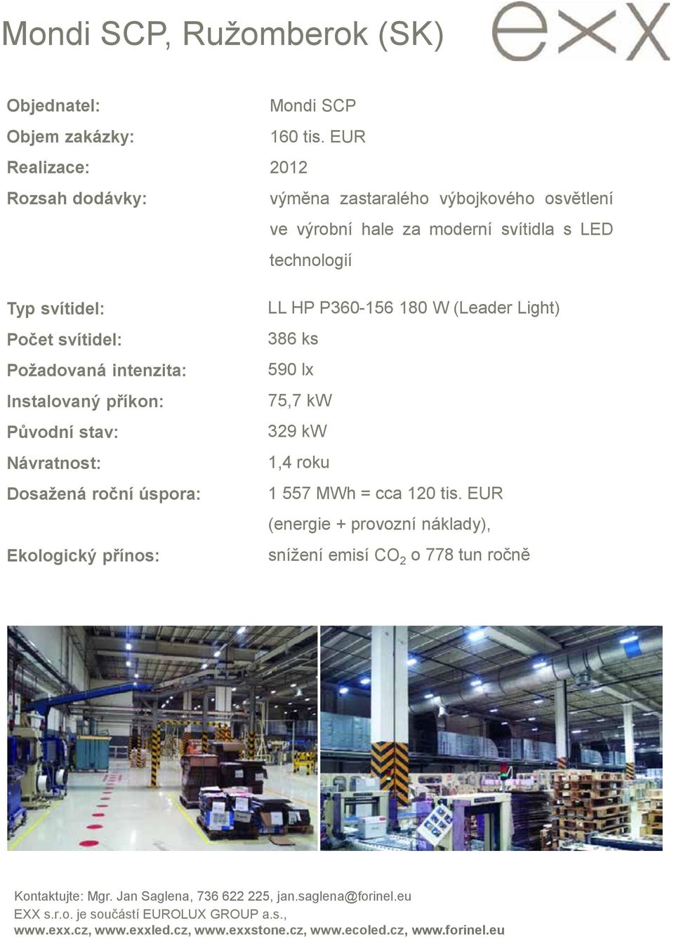 EUR 2012 výměna zastaralého výbojkového osvětlení ve výrobní hale za moderní svítidla s LED technologií LL HP P360-156 180 W
