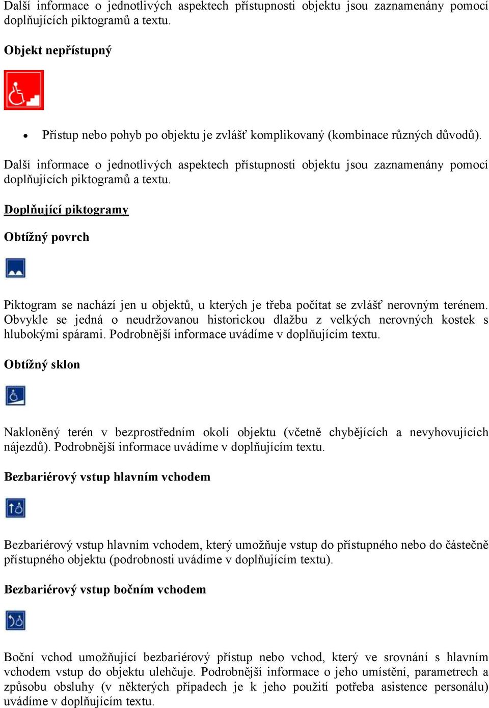 Doplňující piktogramy Obtížný povrch Piktogram se nachází jen u objektů, u kterých je třeba počítat se zvlášť nerovným terénem.