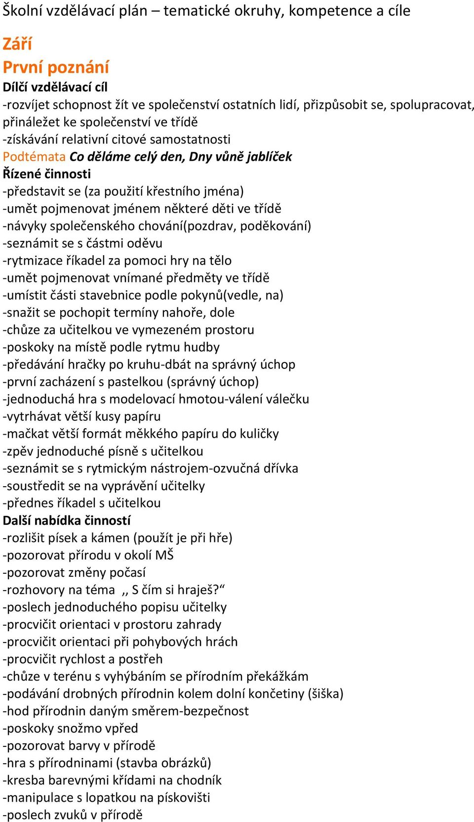 společenského chování(pozdrav, poděkování) -seznámit se s částmi oděvu -rytmizace říkadel za pomoci hry na tělo -umět pojmenovat vnímané předměty ve třídě -umístit části stavebnice podle