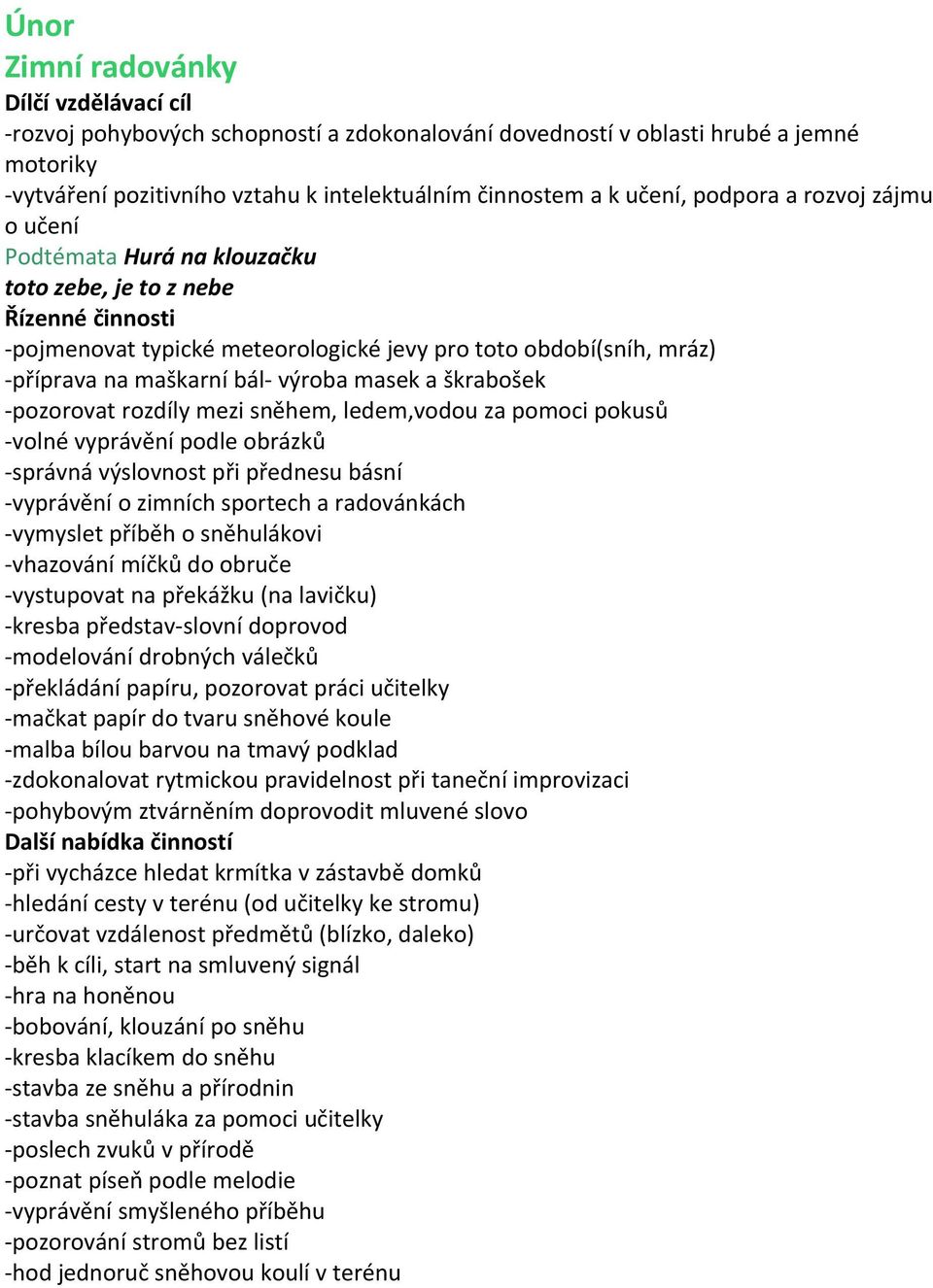 škrabošek -pozorovat rozdíly mezi sněhem, ledem,vodou za pomoci pokusů -volné vyprávění podle obrázků -správná výslovnost při přednesu básní -vyprávění o zimních sportech a radovánkách -vymyslet