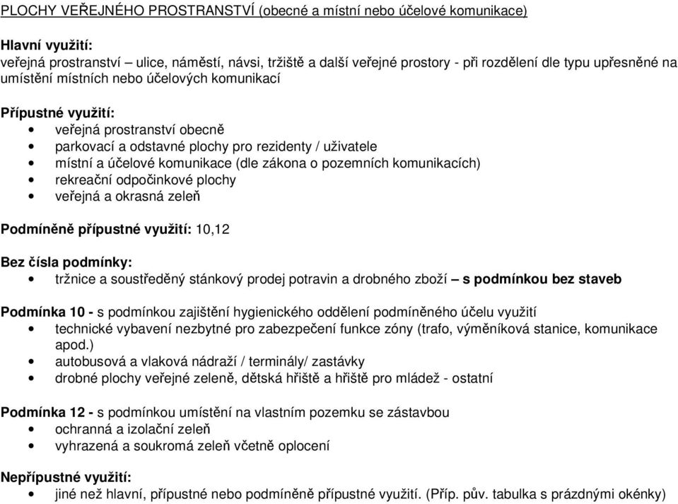 podmínky: tržnice a soustředěný stánkový prodej potravin a drobného zboží s podmínkou bez staveb Podmínka 10 - s podmínkou zajištění hygienického oddělení podmíněného účelu využití autobusová a