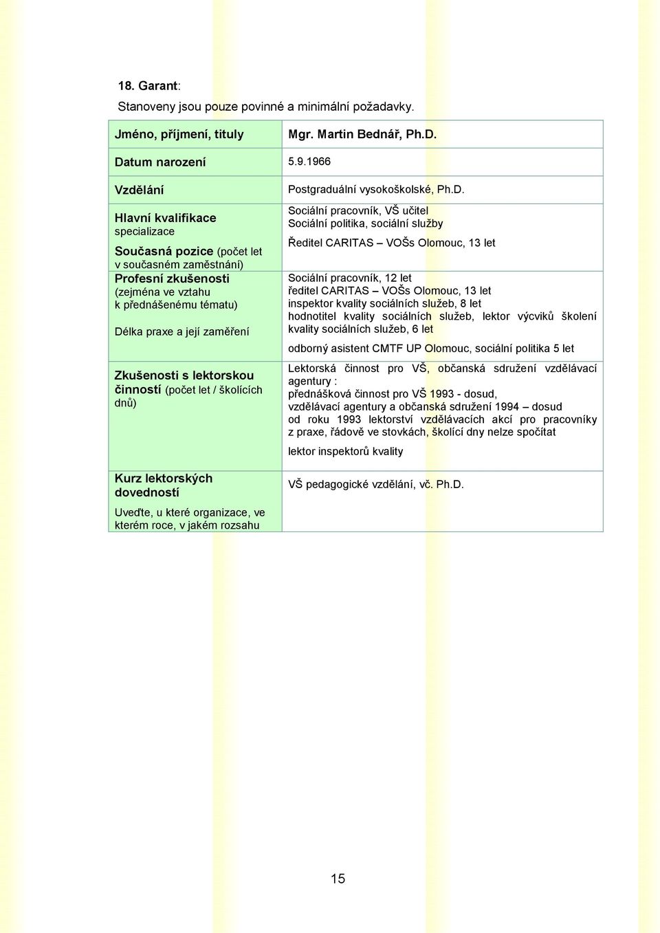 lektorskou činností (počet let / školících dnů) Kurz lektorských Uveďte, u které organizace, ve kterém roce, v jakém rozsahu Postgraduální vysokoškolské, Ph.D.