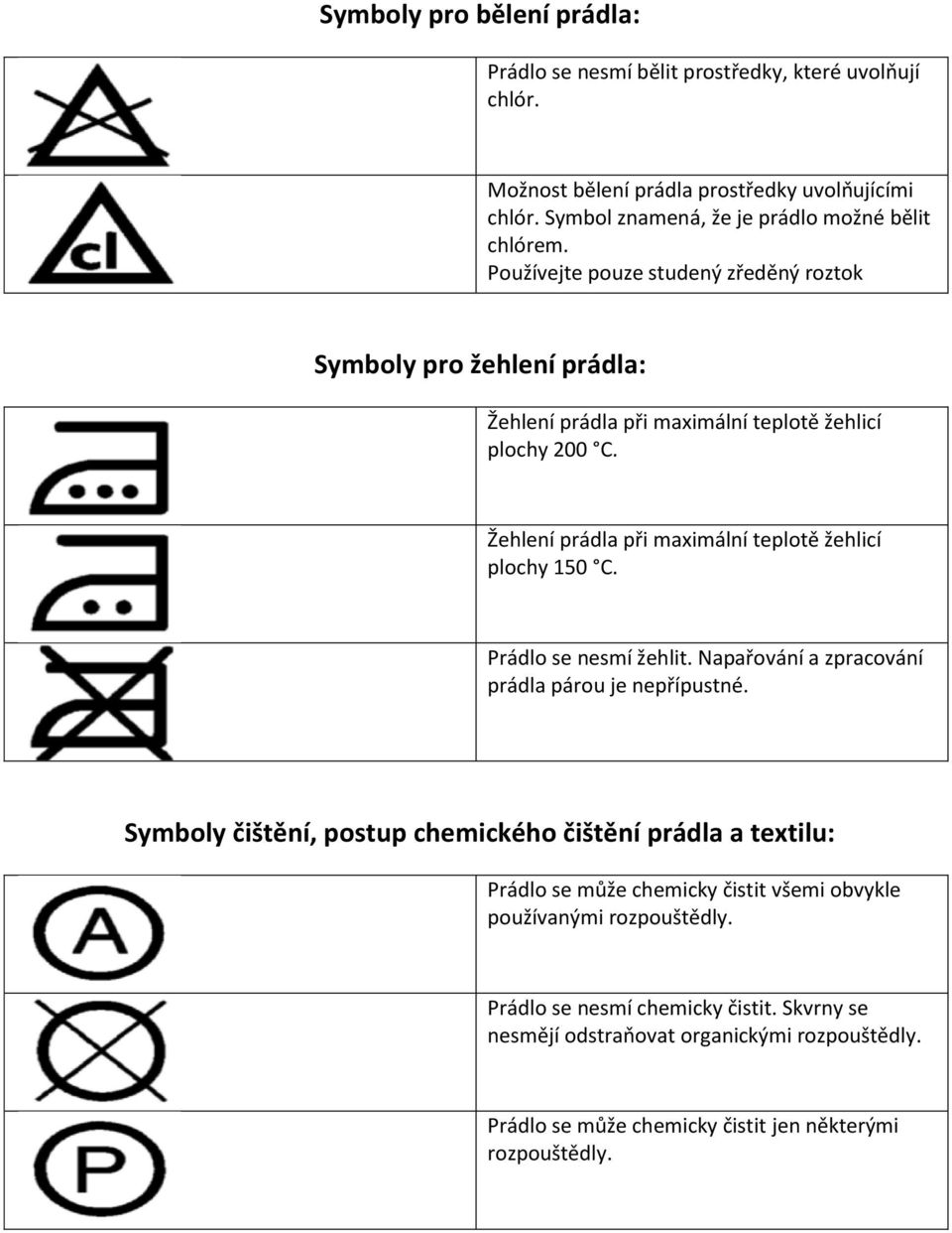 Žehlení prádla při maximální teplotě žehlicí plochy 150 C. Prádlo se nesmí žehlit. Napařování a zpracování prádla párou je nepřípustné.