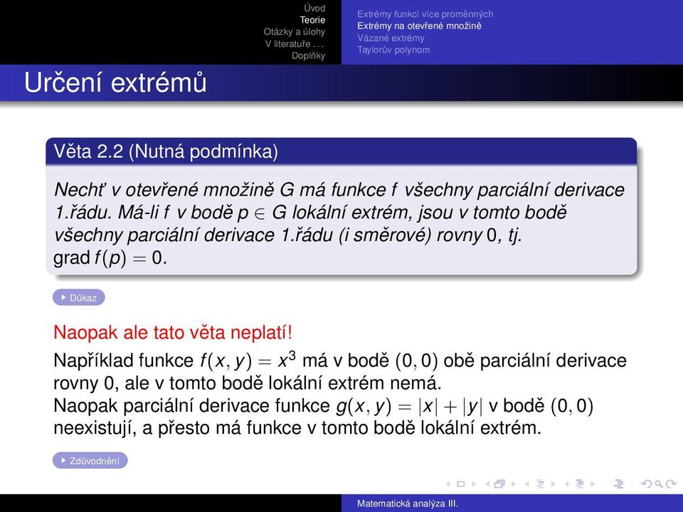 Má-li f v bodě p G lokální extrém, jsou v tomto bodě všechny parciální derivace 1.řádu (i směrové) rovny 0, tj. grad f (p) = 0.