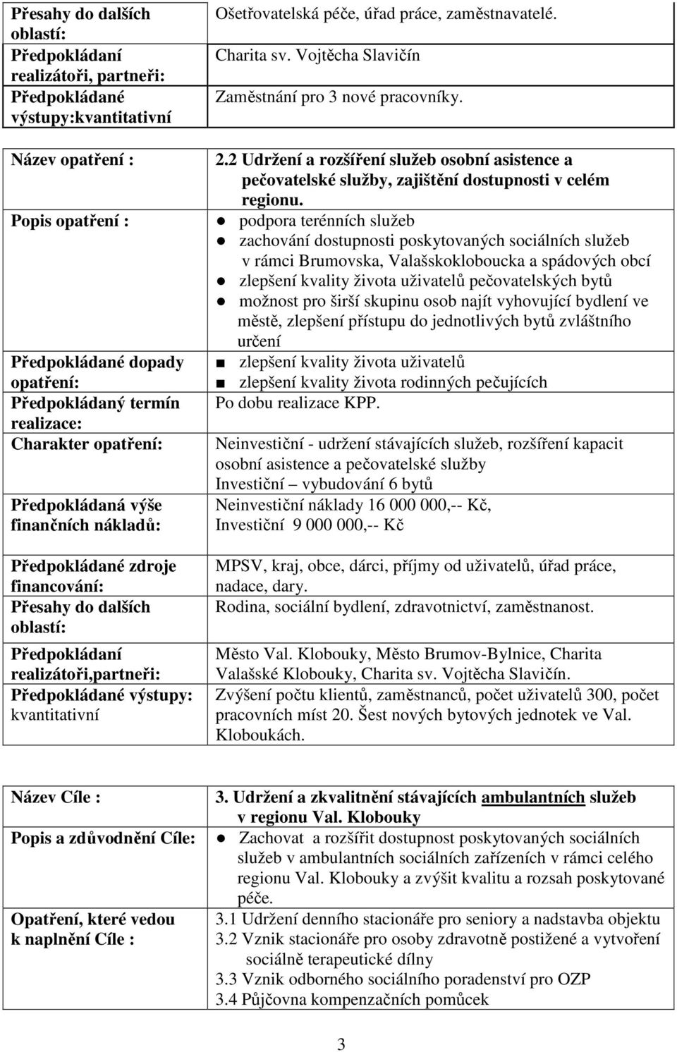 podpora terénních služeb zachování dostupnosti poskytovaných sociálních služeb v rámci Brumovska, Valašskokloboucka a spádových obcí zlepšení kvality života uživatelů pečovatelských bytů možnost pro