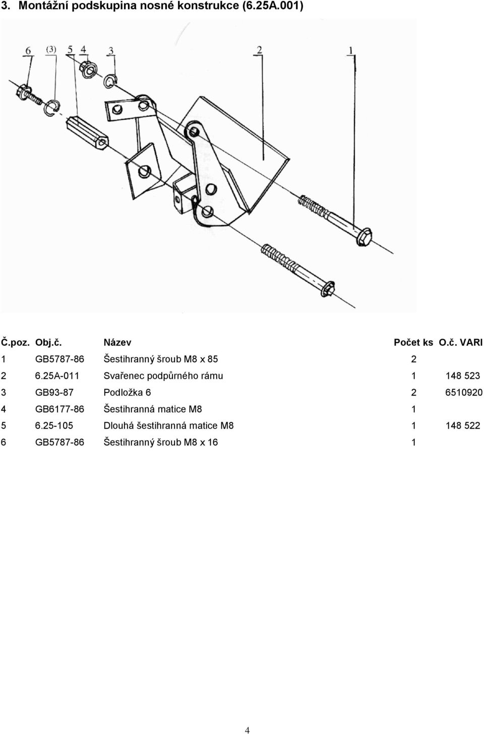 25A-011 Svařenec podpůrného rámu 1 148 523 3 GB93-87 Podložka 6 2 6510920