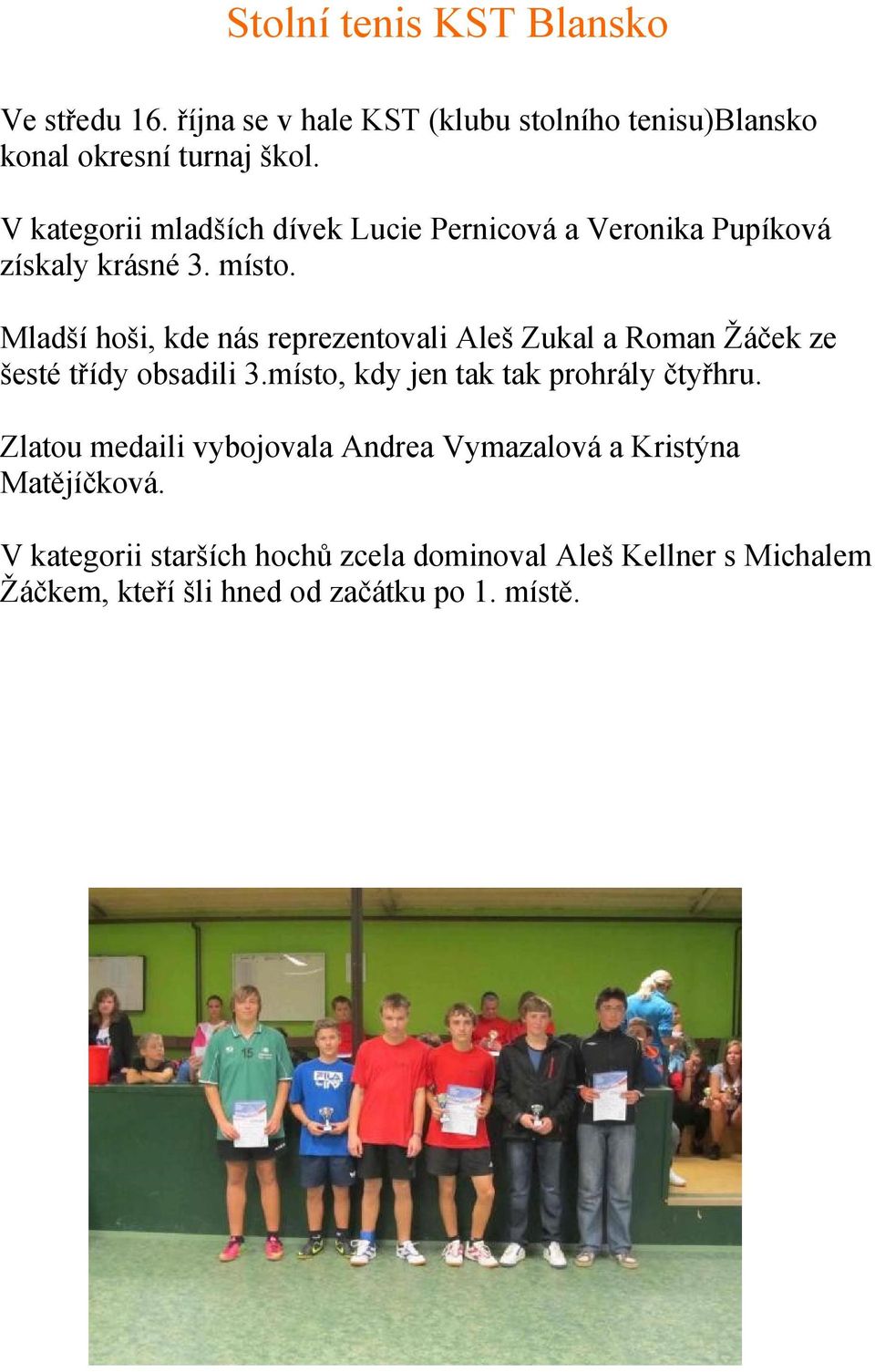 Mladší hoši, kde nás reprezentovali Aleš Zukal a Roman Žáček ze šesté třídy obsadili 3.místo, kdy jen tak tak prohrály čtyřhru.