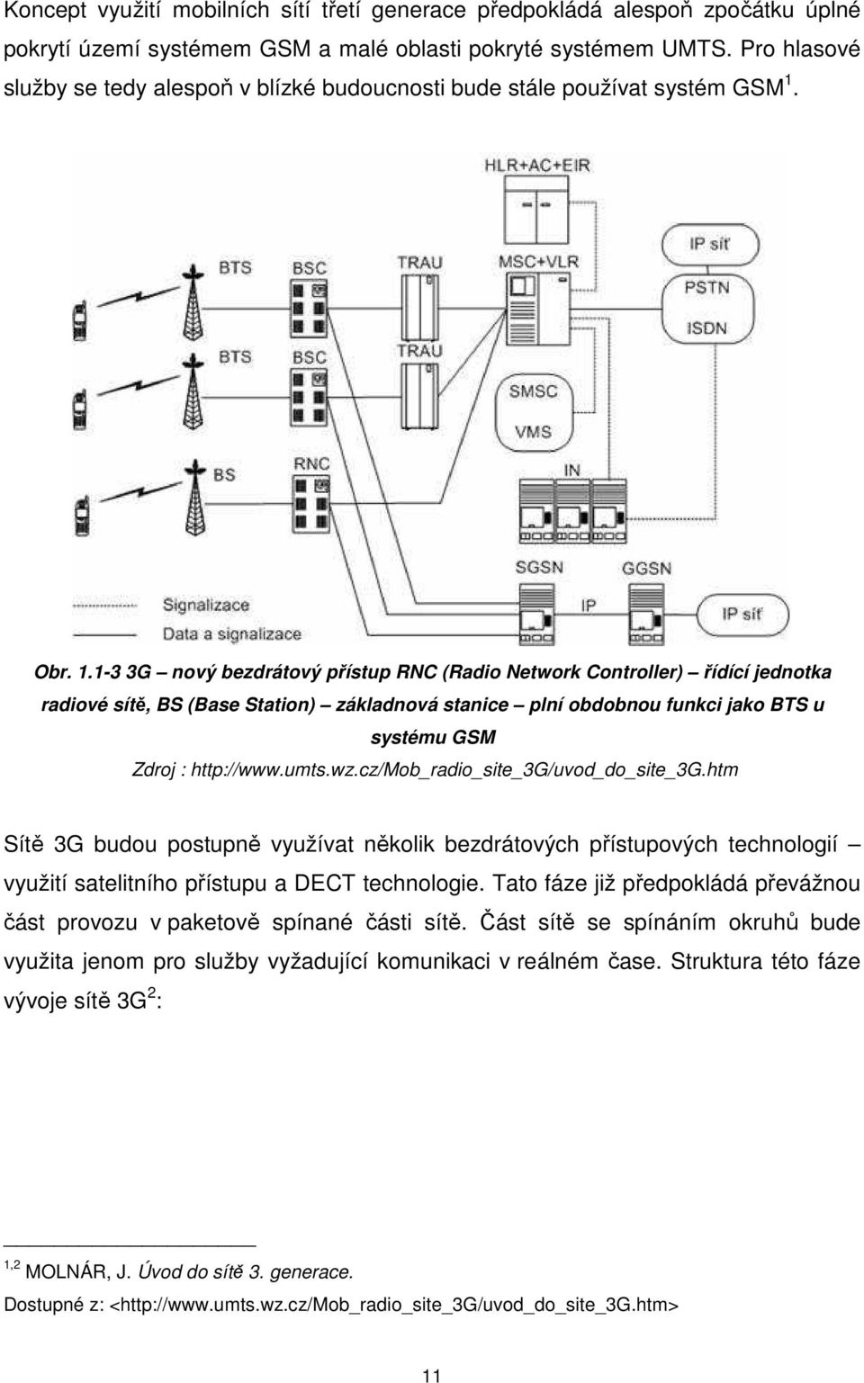 Obr. 1.1-3 3G nový bezdrátový přístup RNC (Radio Network Controller) řídící jednotka radiové sítě, BS (Base Station) základnová stanice plní obdobnou funkci jako BTS u systému GSM Zdroj : http://www.