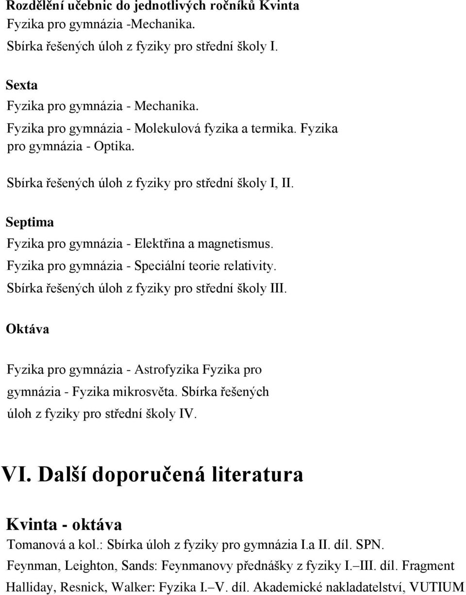 Fyzika pro gymnázia - Speciální teorie relativity. Sbírka řešených úloh z fyziky pro střední školy III. Oktáva Fyzika pro gymnázia - Astrofyzika Fyzika pro gymnázia - Fyzika mikrosvěta.