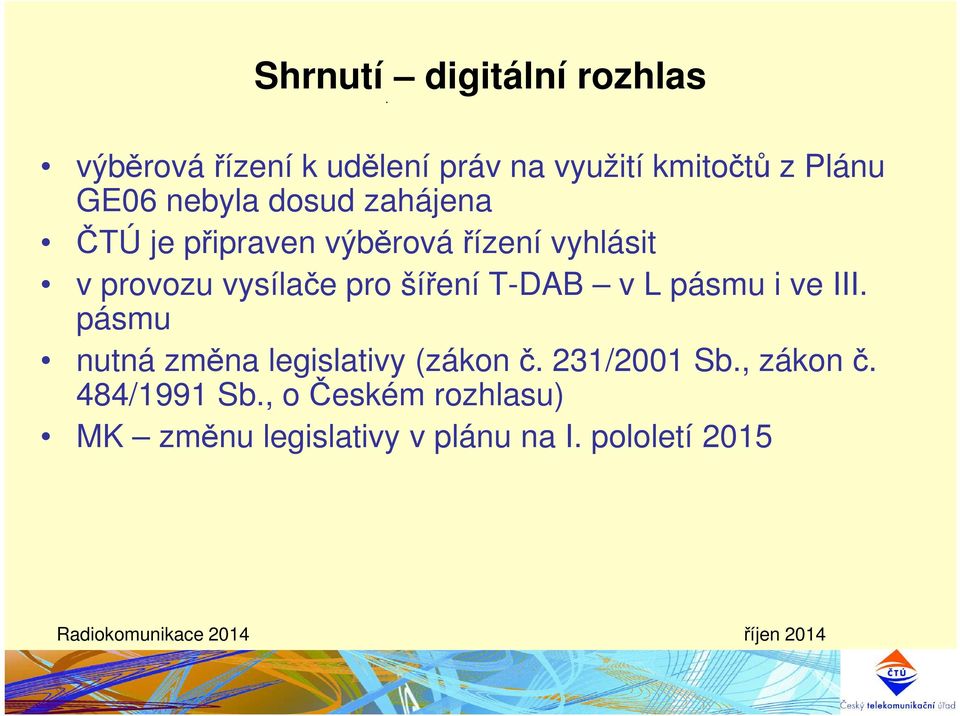 pro šíření T-DAB v L pásmu i ve III. pásmu nutná změna legislativy (zákon č. 231/2001 Sb.