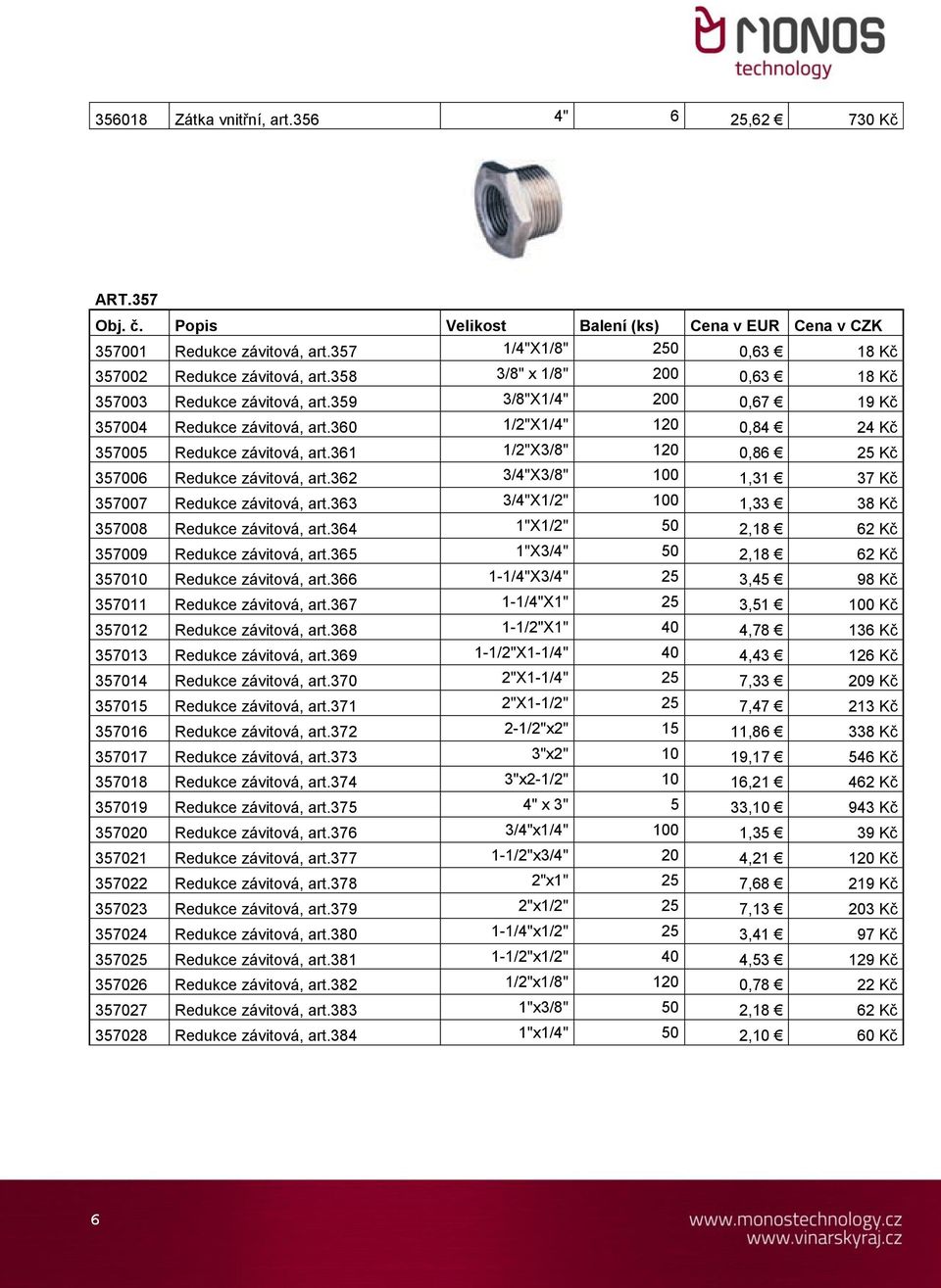 361 1/2"X3/8" 120 0,86 25 Kč 357006 Redukce závitová, art.362 3/4"X3/8" 100 1,31 37 Kč 357007 Redukce závitová, art.363 3/4"X1/2" 100 1,33 38 Kč 357008 Redukce závitová, art.