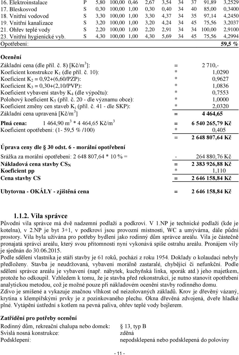 Ohřev teplé vody S 2,20 100,00 1,00 2,20 2,91 34 34 100,00 2,9100 23. Vnitřní hygienické vyb. S 4,30 100,00 1,00 4,30 5,69 34 45 75,56 4,2994 Opotřebení: 59,5 % Ocenění Základní cena (dle příl. č.