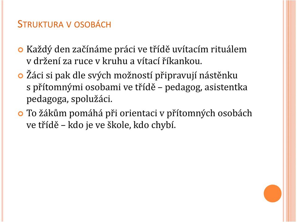 Žáci si pak dle svých možností připravují nástěnku s přítomnými osobami ve třídě