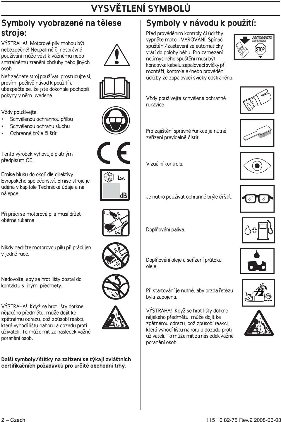 VÏdy pouïívejte: Schválenou ochrannou pfiilbu Schválenou ochranu sluchu Ochranné br le ãi tít Symboly v návodu k pouïití: Pfied provádûním kontroly ãi údrïby vypnûte motor.