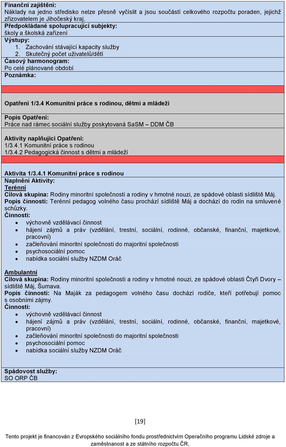 4 Komunitní práce s rodinou, dětmi a mládeží Popis Opatření: Práce nad rámec sociální služby poskytovaná SaSM DDM ČB Aktivity naplňující Opatření: 1/3.4.1 Komunitní práce s rodinou 1/3.4.2 Pedagogická činnost s dětmi a mládeží Aktivita 1/3.