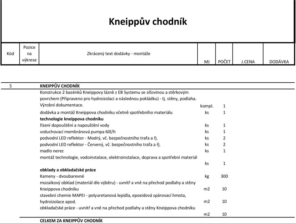 dodávka a montáž Kneippova chodníku včetně spotřebního materiálu ks 1 technologie kneippova chodníku řízení dopouštění a pouštění vody ks 1 vzduchovací membránová pumpa 60l/h ks 1 podvodní LED