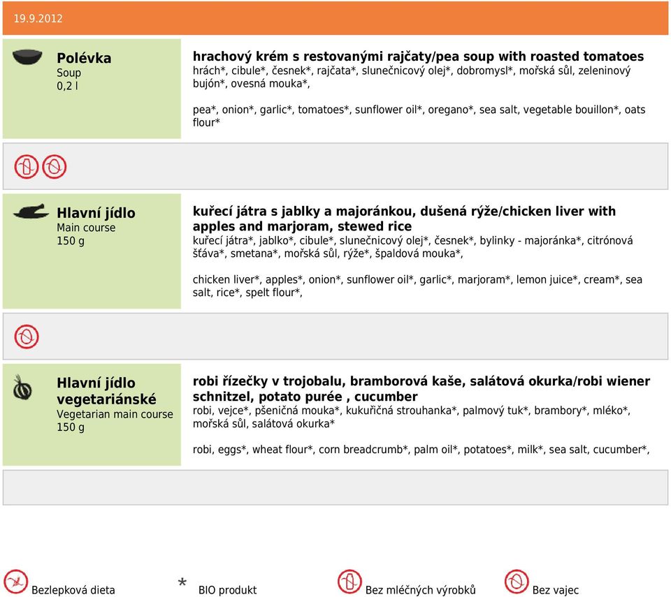 kuřecí játra*, jablko*, cibule*, slunečnicový olej*, česnek*, bylinky - majoránka*, citrónová šťáva*, smetana*, mořská sůl, rýže*, špaldová mouka*, chicken liver*, apples*, onion*, sunflower oil*,