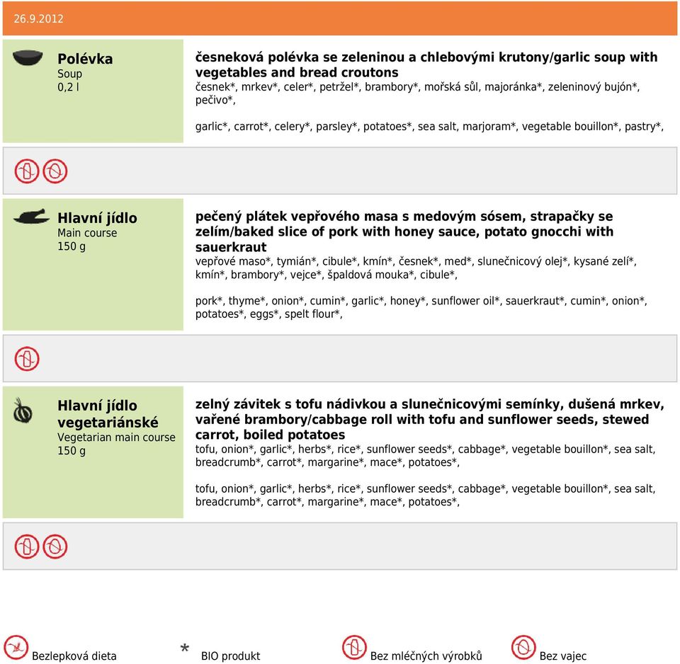 honey sauce, potato gnocchi with sauerkraut vepřové maso*, tymián*, cibule*, kmín*, česnek*, med*, slunečnicový olej*, kysané zelí*, kmín*, brambory*, vejce*, špaldová mouka*, cibule*, pork*, thyme*,