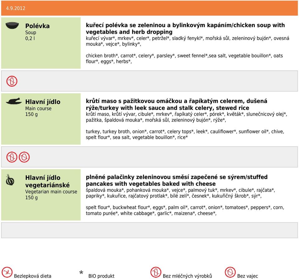 dušená rýže/turkey with leek sauce and stalk celery, stewed rice krůtí maso, krůtí vývar, cibule*, mrkev*, řapíkatý celer*, pórek*, květák*, slunečnicový olej*, pažitka, špaldová mouka*, mořská sůl,
