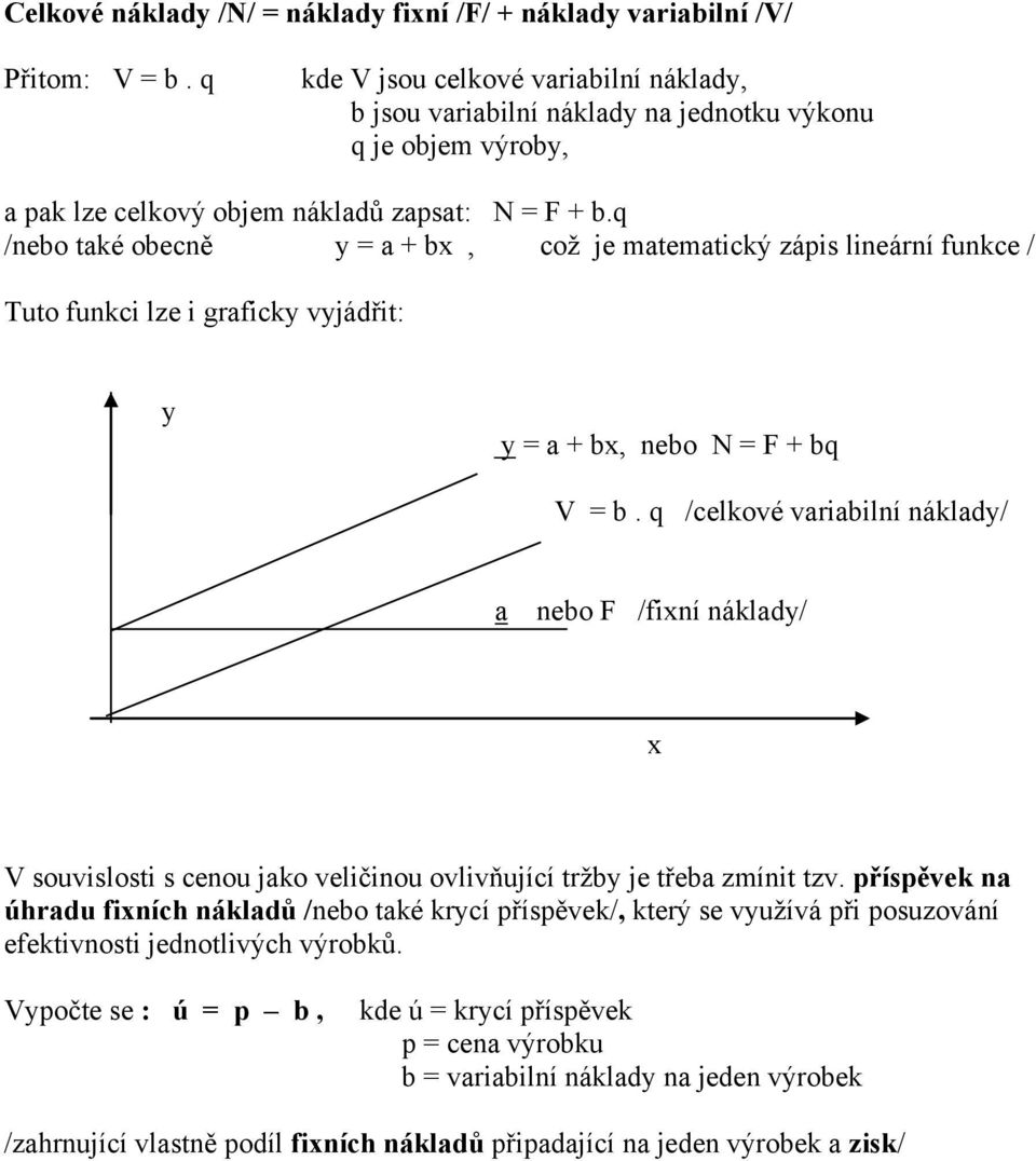 q /nebo také obecně y = a + bx, což je matematický zápis lineární funkce / Tuto funkci lze i graficky vyjádřit: y y = a + bx, nebo N = F + bq V = b.